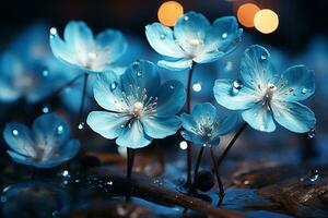 bleu teinté la magie printemps fleurs dans se concentrer, bokeh ajoute enchantement ai généré photo