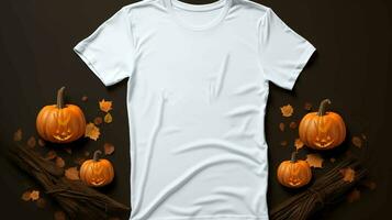 Halloween aux femmes blanc T-shirt maquette foncé arrière-plan, ai généré photo