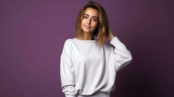 une Jeune femme des stands gracieusement contre une Profond violet arrière-plan, mettant en valeur une blanc sweat-shirt maquette, le sweat-shirt confortable et détendu en forme enveloppements autour sa chiffre, ai généré photo