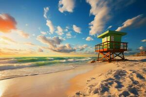 lever du soleil embrasse Miami Sud plage avec sauveteur la tour, vibrant des nuages, et bleu ciels ai généré photo