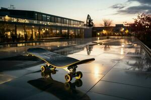 une détaillé vue de une planche à roulette patinoire, capturer ses Urbain ambiance ai généré photo