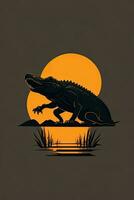 dessin animé crocodile silhouette parmi des buissons à le coucher du soleil. ai généré. photo