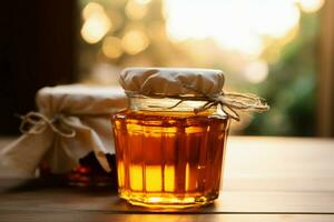 d'or mon chéri remplit verre pot, repos sur une rustique en bois table ai généré photo