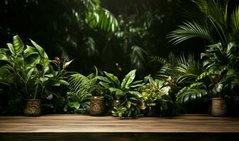 réaliste 3d chêne bois table avec tropical feuilles pour produit recouvrir ai généré photo