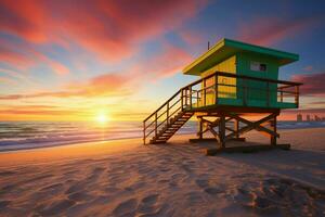 Miami Matin lueur sauveteur la tour sur Sud la plage littoral en dessous de vibrant lever du soleil ai généré photo