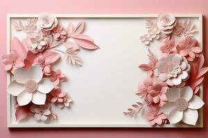 encadré souvenirs Floraison avec rose et blanc papier fleurs pour une toucher de élégance ai généré photo