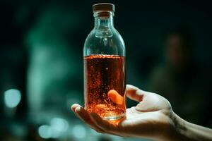 surgir de un individuel en présentant une bouteille rempli avec mystérieux liquide ai généré photo