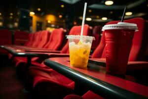 inoccupé rouge des places, Popcorn, et les boissons jonché à travers le théâtre sol ai généré photo