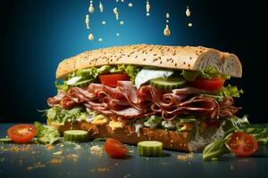 Créatif composition de une intemporel américain sandwich monte en flèche contre une bleu Contexte ai généré photo