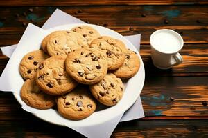 plat allonger la perfection biscuits sur une plaque, accompagné par papier sur bois ai généré photo