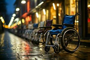 détaillé coup de inoccupé fauteuil roulant affichage handicap symbole sur chaussée ai généré photo