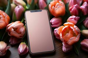 de fête Contexte hôtes mobile téléphone et printemps tulipes dans une plat allonger ai généré photo