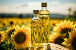 sélectif concentrer sur une tournesol pétrole bouteille au milieu de une pittoresque tournesol champ ai généré photo