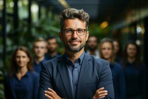 ai génératif groupe de content affaires homme et affaires femmes, habillé dans costume sont souriant, dans le Bureau photo