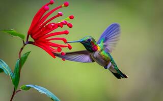 capturer la nature bijou, une fascinant aperçu de une vibrant colibri dans gracieux en plein vol élégance. ai généré photo