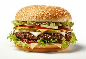 ai génératif double Hamburger isolé sur blanc Contexte Frais Burger vite nourriture avec du boeuf et crème fromage réaliste image, ultra HD, haute conception très détaillé photo