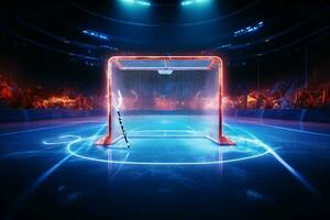 la glace lié néon la victoire une objectif brille brillant dans le le hockey arènes lueur ai généré photo