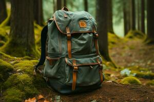 dans le forêt, une sac à dos penche contre une arbre, capturer randonnée ambiance ai généré photo