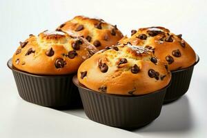 Chocolat puce muffins, chargé avec bonté, sur une faire le ménage, brillant blanc Contexte ai généré photo