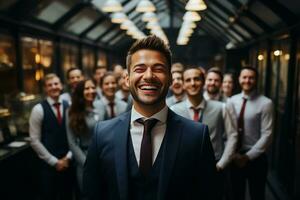 ai génératif groupe de content affaires homme et affaires femmes, habillé dans costume sont souriant, dans le Bureau photo