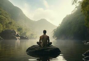 ai génératif photo de une homme pratiquant pleine conscience et méditation dans une paisible Naturel environnement Sony a7s réaliste image, ultra HD, haute conception très détaillé