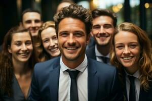 ai génératif groupe de content affaires homme et affaires femmes, habillé dans costume sont souriant, dans le Bureau photo