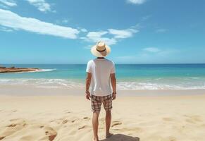 ai génératif retour vue Jeune touristique homme dans été robe et chapeau permanent sur magnifique sablonneux plage. profiter. photo