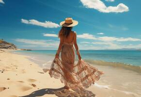 ai génératif Jeune touristique femme dans été robe et chapeau permanent sur magnifique sablonneux plage. mignonne fille profiter photo