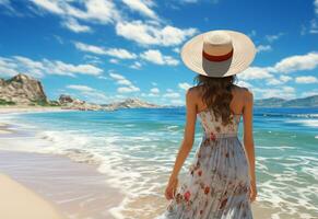 ai génératif Jeune touristique femme dans été robe et chapeau permanent sur magnifique sablonneux plage. mignonne fille profiter photo