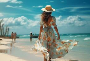 ai génératif Jeune touristique femme dans été robe et chapeau permanent sur magnifique sablonneux plage. mignonne fille profiter photo