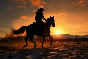 une à cheval équitation cow-girls silhouette contre le crépuscule ciel ai généré photo
