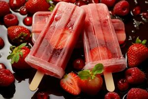 plat allonger de fait maison rouge baie la glace sucettes glacées, une en bonne santé été traiter ai généré photo