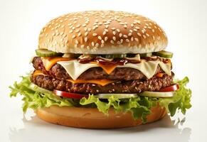 ai génératif double Hamburger isolé sur blanc Contexte Frais Burger vite nourriture avec du boeuf et crème fromage réaliste image, ultra HD, haute conception très détaillé photo