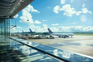 témoin une vols décollage par aéroport les fenêtres contre le brillant ensoleillé ciel ai généré photo