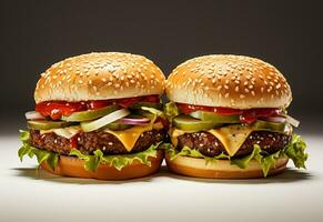 ai génératif double Hamburger isolé sur blanc Contexte Frais Burger vite nourriture avec du boeuf et crème fromage réaliste image, ultra HD, haute conception très détaillé photo