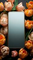 de fête Contexte hôtes mobile téléphone et printemps tulipes dans une plat allonger verticale mobile fond d'écran ai généré photo
