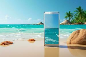 exposition votre des produits dans style avec une 3d téléphone maquette sur une plage ai généré photo