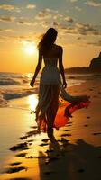 solitude à lever du soleil, Jeune femme dans blanc robe balades sur plage verticale mobile fond d'écran ai généré photo