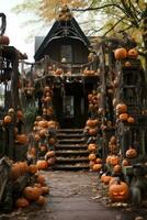 Halloween décorations, effrayant citrouilles, hanté Maisons photo