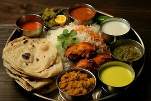 savoureux plat poulet thali avec frit poulet, Oeuf curry, Lentilles, biryani, rôti, et oignons ai généré photo