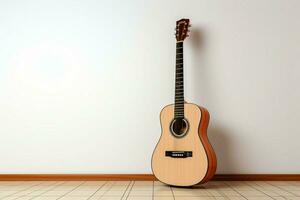 musical harmonie acoustique guitare et clés posé plat sur une parfait blanc toile de fond. ai généré photo