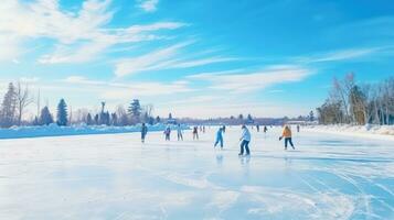 groupe de gens la glace patinage sur congelé Lac photo