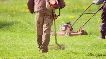 Jardinier professionnel tondant la pelouse à la propriété de Central Park avec débroussailleuse à essence photo