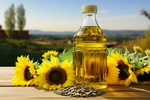 une Plastique bouteille de tournesol pétrole sur une en bois table avec une tournesol champ toile de fond ai généré photo