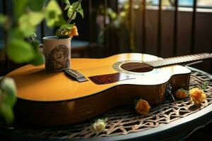 silence remplit le chambre, un acoustique guitare attendre pour ses les musiciens touche. ai généré photo