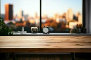 une en bois tableau, néant de désordre, ensemble contre une moderne Bureau toile de fond ai généré photo