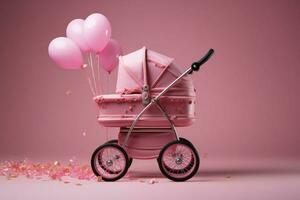 dans honneur de le nouveau née fille, une rose bébé poussette pour vacances ai généré photo