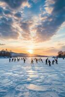 groupe de gens la glace patinage sur congelé Lac photo