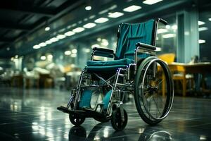 inoccupé fauteuil roulant des stands dans une salle, une symbole de en attente se soucier ai généré photo