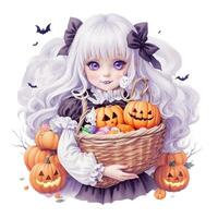 kawaii fille avec Halloween citrouilles sur blanc Contexte photo